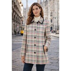 Coach Tattersall Hampton Tweed Plaid Rainbow Houndstooth Wool Pea Coat Jacket M